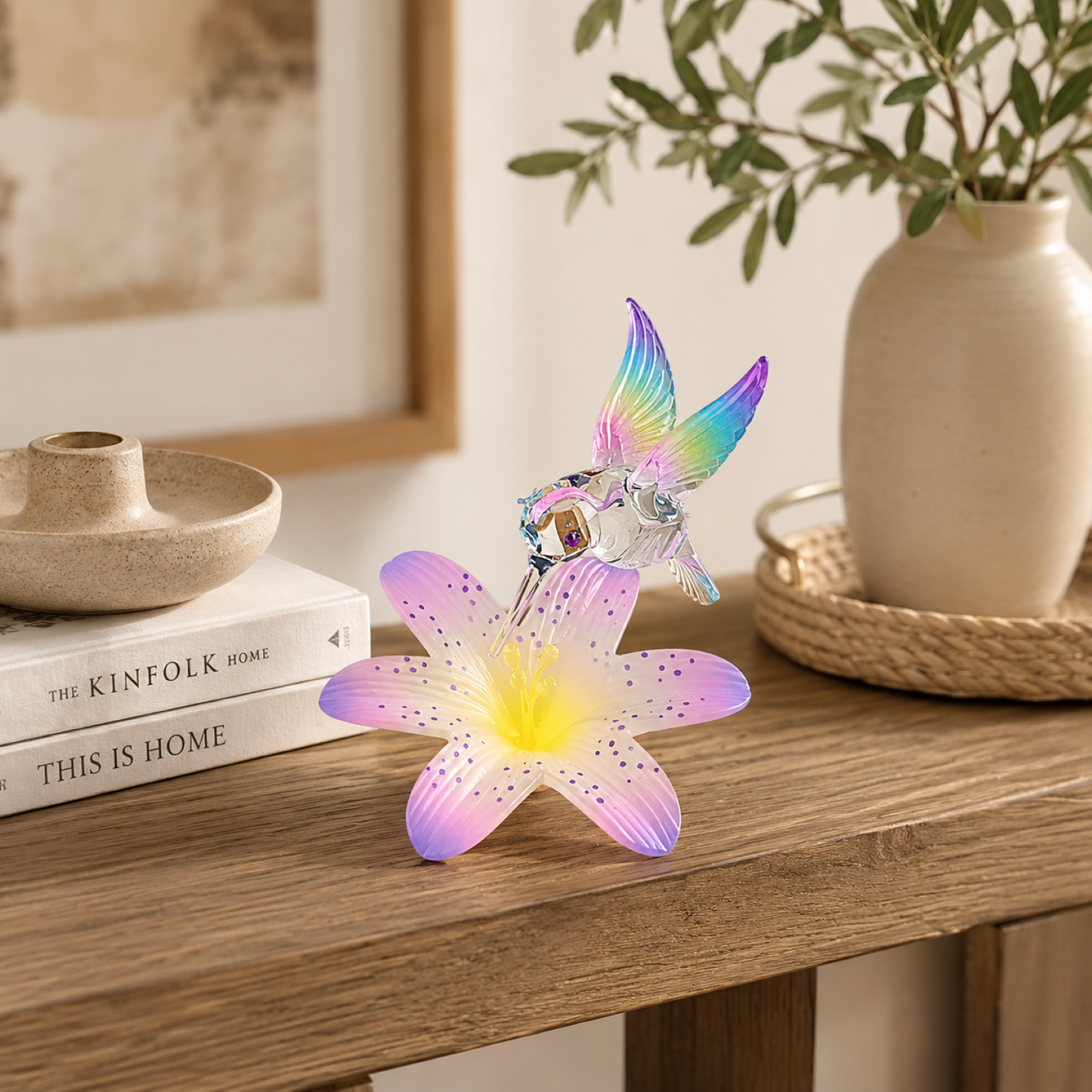 Hummingbird Glass Figurine Gift | Floral Bird Collectible Home Decor Accent
