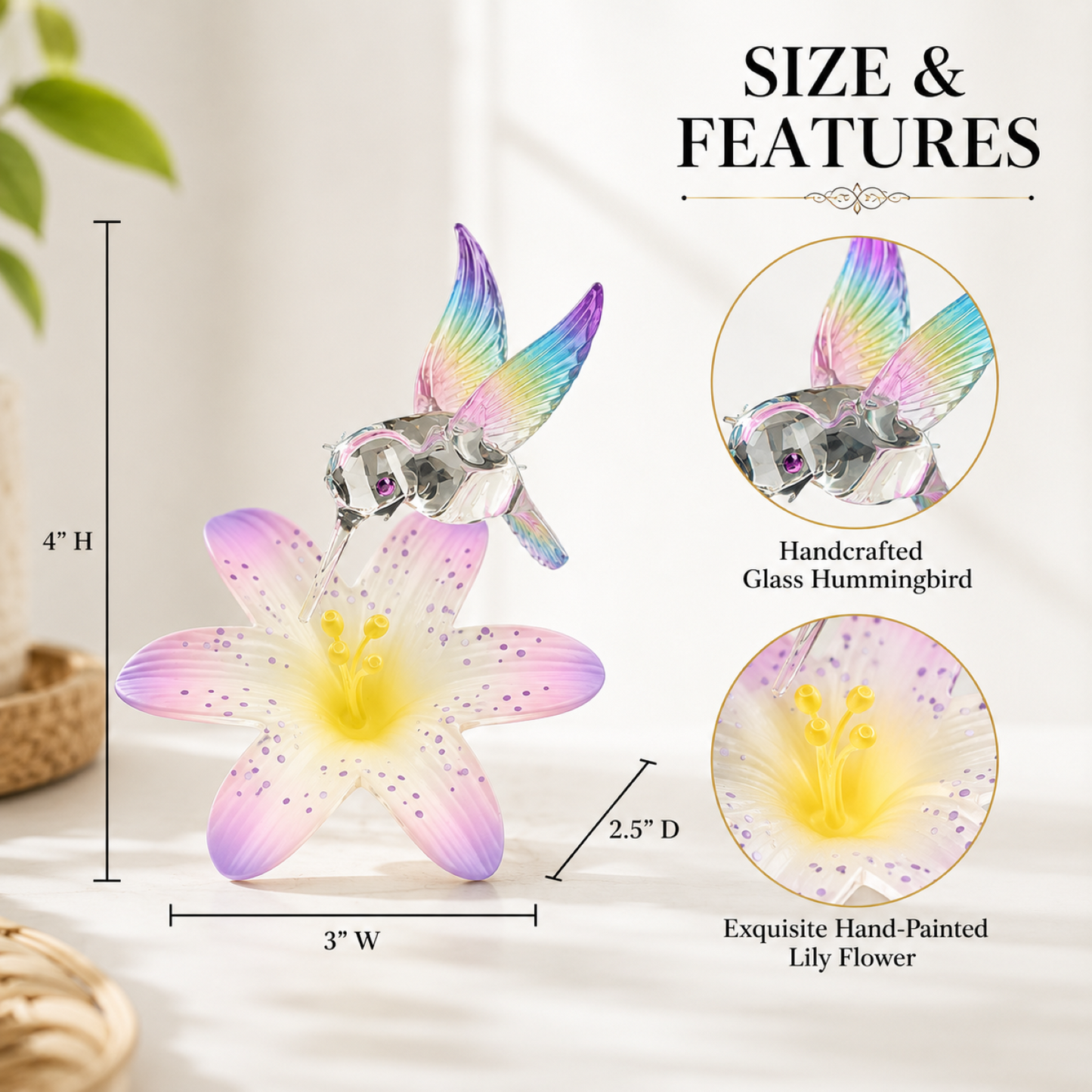 Hummingbird Glass Figurine Gift | Floral Bird Collectible Home Decor Accent