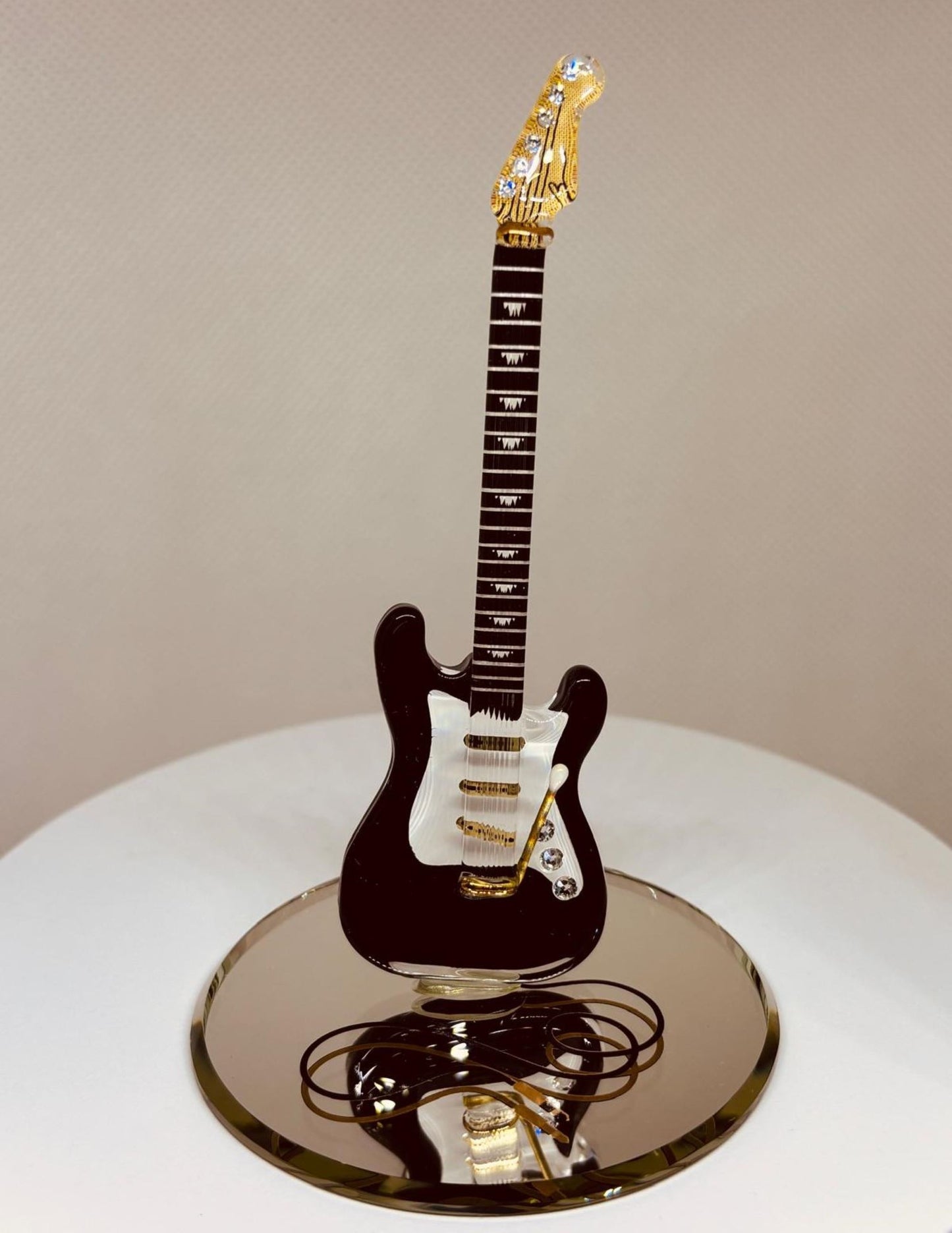 Vintage Black Glass Guitar Figurine Music Gift with Crystals & Gold