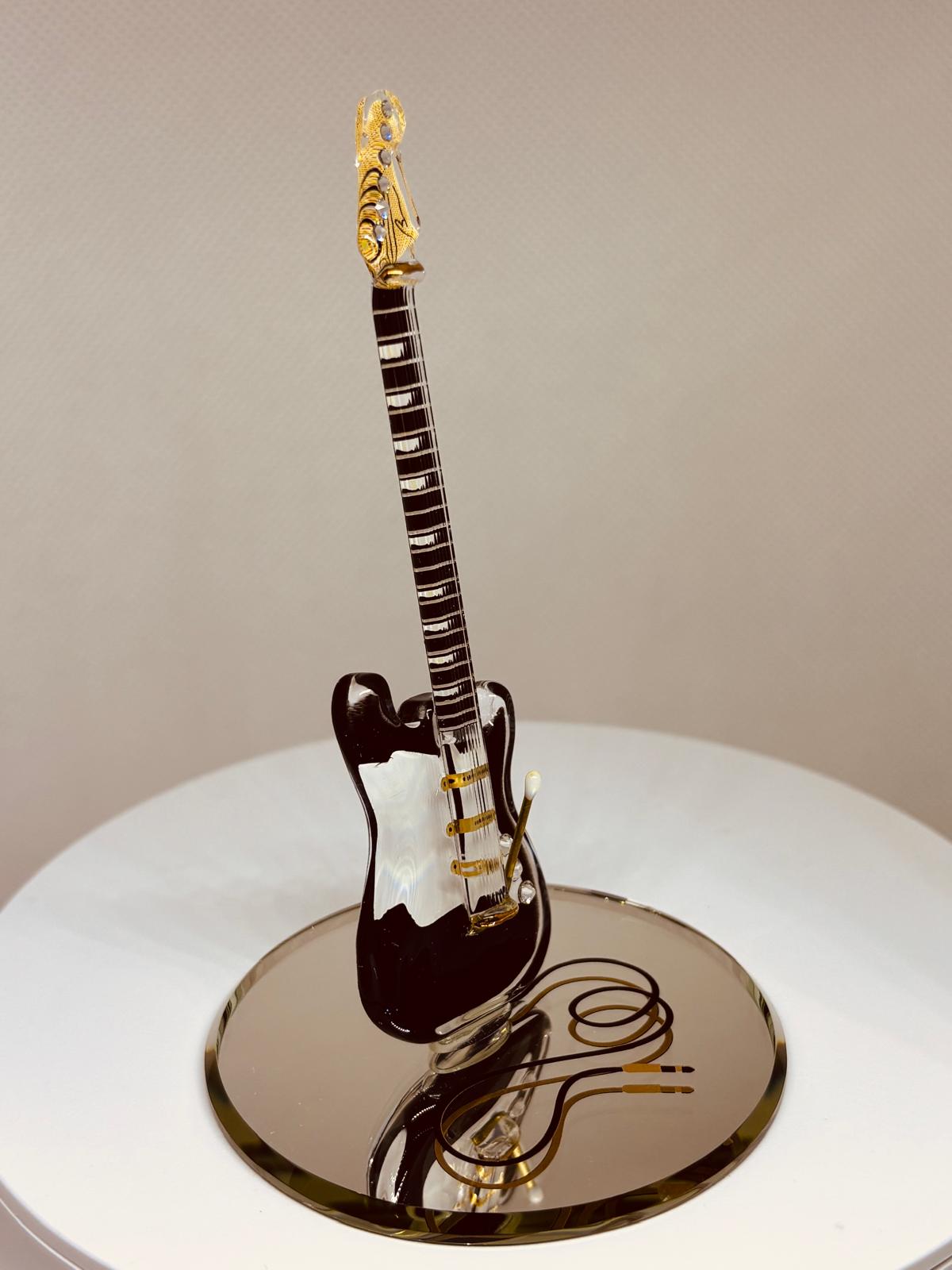 Vintage Black Glass Guitar Figurine Music Gift with Crystals & Gold
