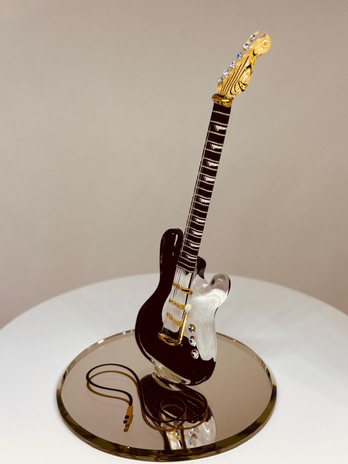 Vintage Black Glass Guitar Figurine Music Gift with Crystals & Gold