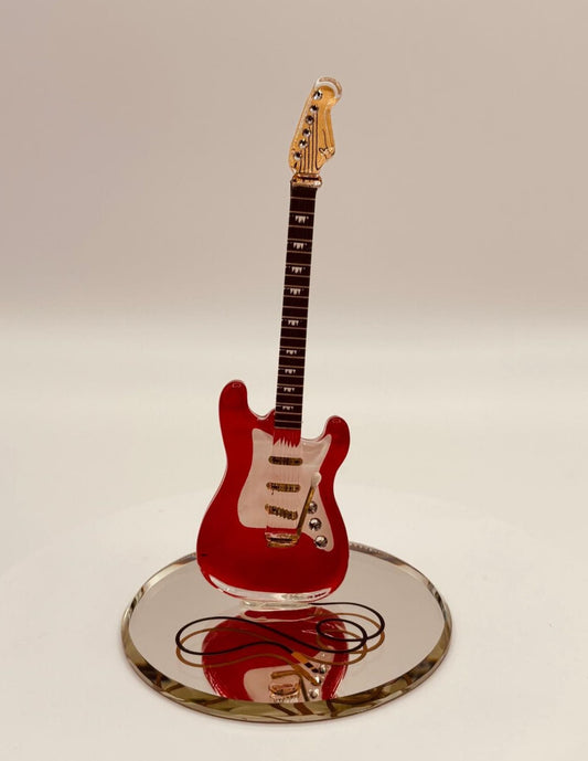 Handcrafted glass vintage red guitar figurine on beveled mirror base with crystal and gold accents