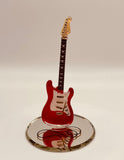 Handcrafted glass vintage red guitar figurine on beveled mirror base with crystal and gold accents