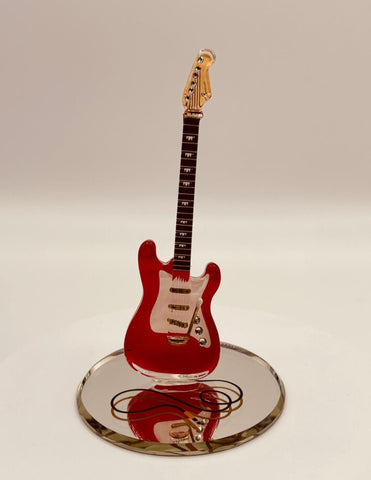 Handcrafted glass vintage red guitar figurine on beveled mirror base with crystal and gold accents