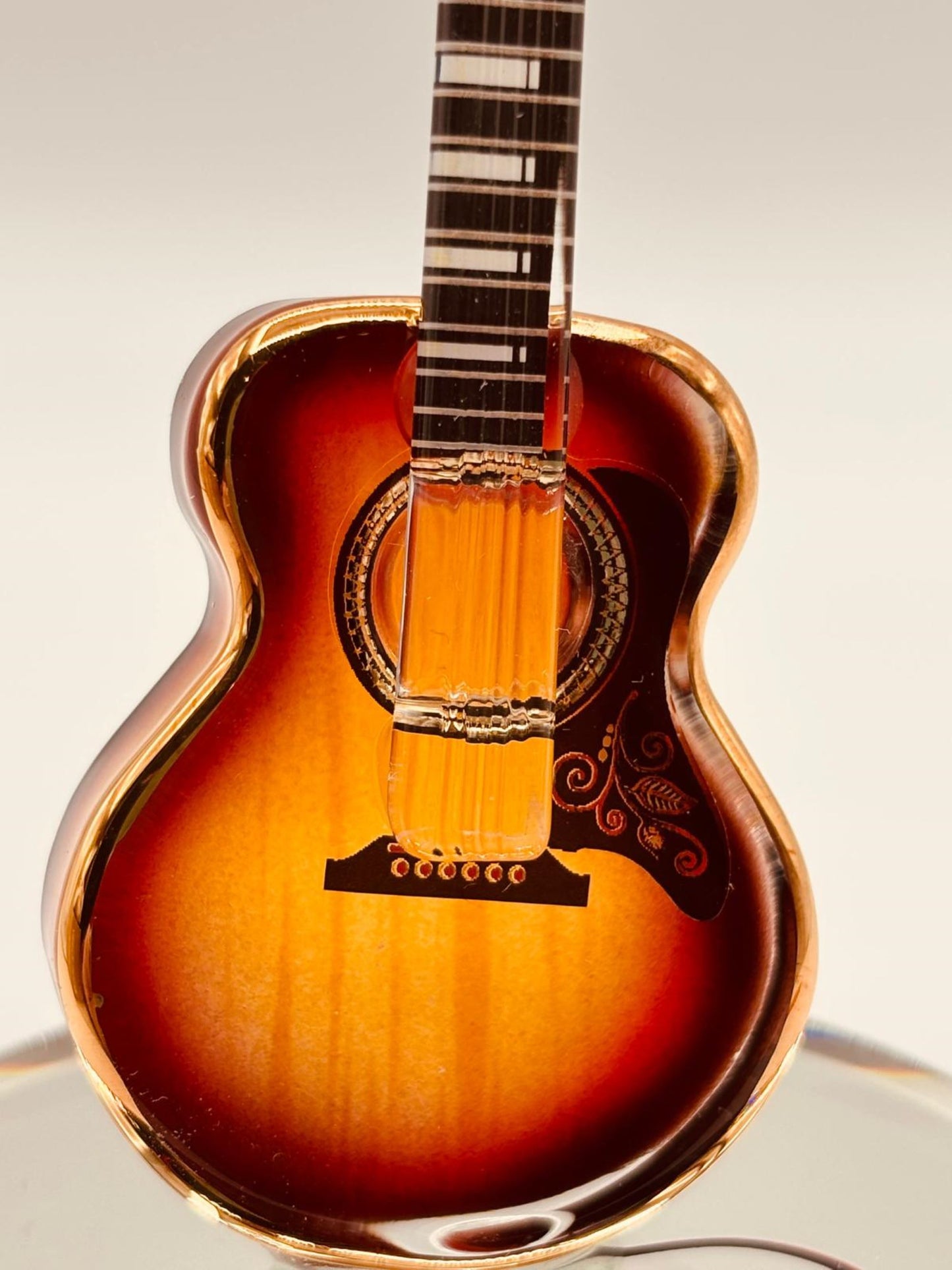 Glass Sunburst Acoustic Guitar Figurine Handcrafted Gift with Crystals & Gold
