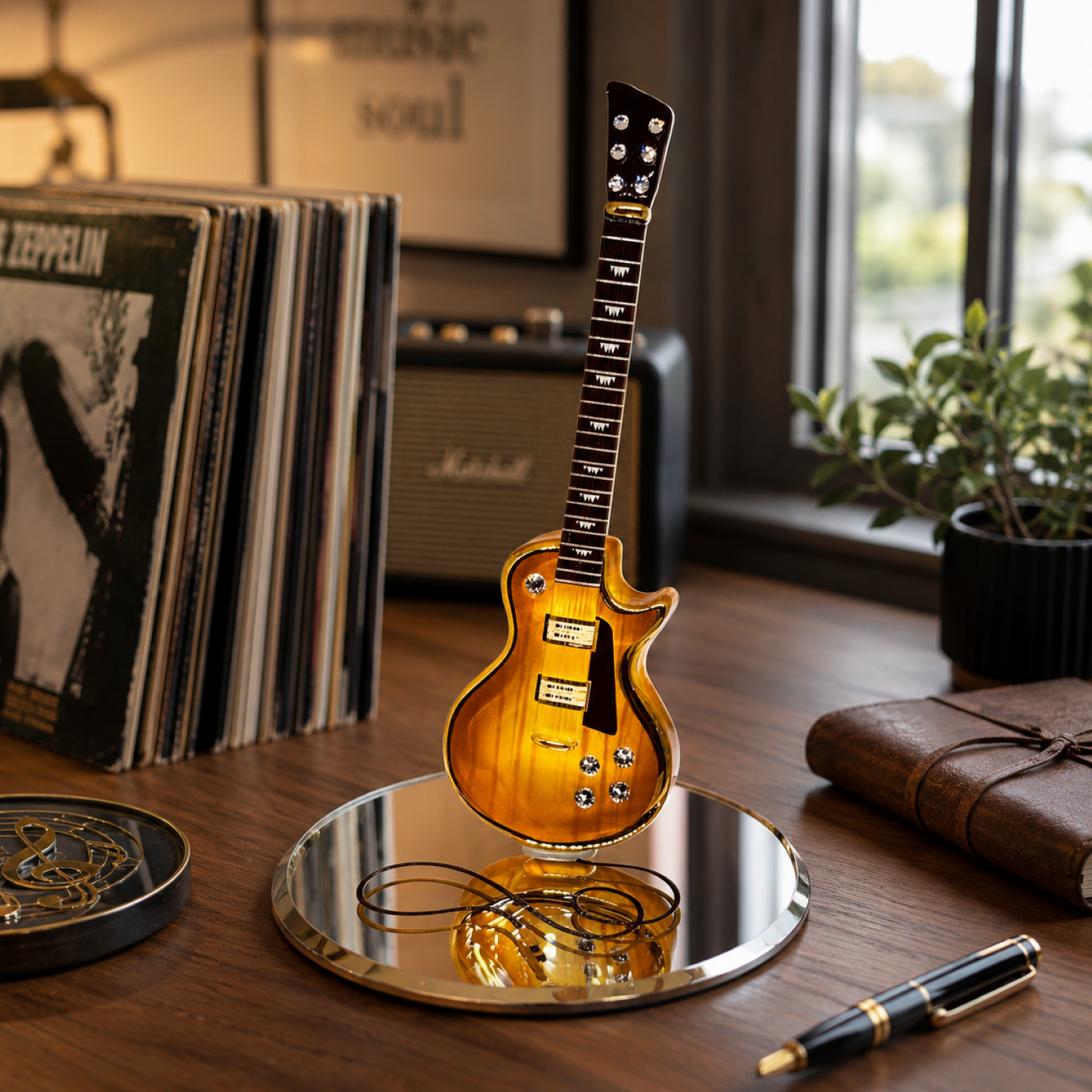 Classic Woodgrain Guitar Figurine Handcrafted Glass Music Decor Gift