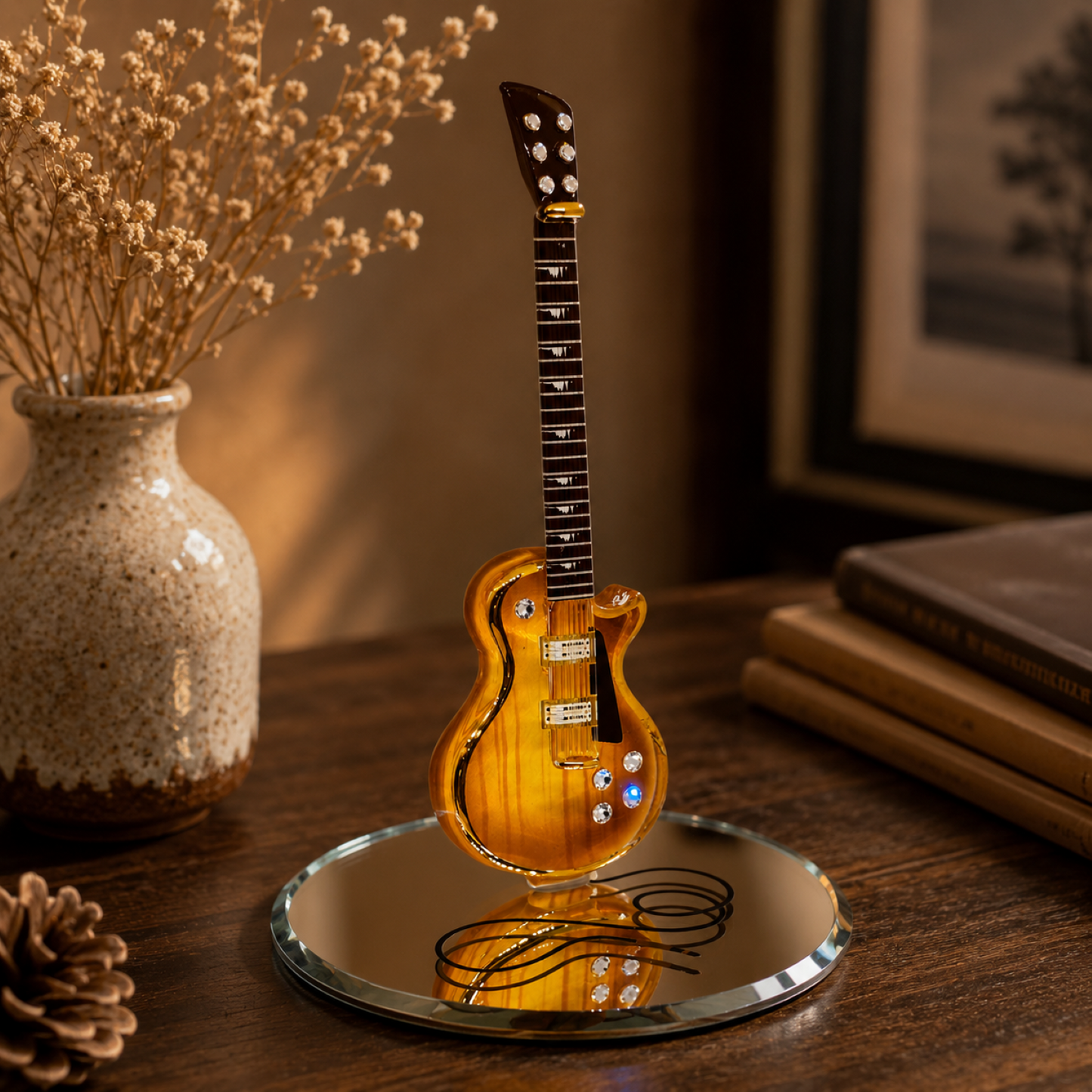 Classic Woodgrain Guitar Figurine Handcrafted Glass Music Decor Gift