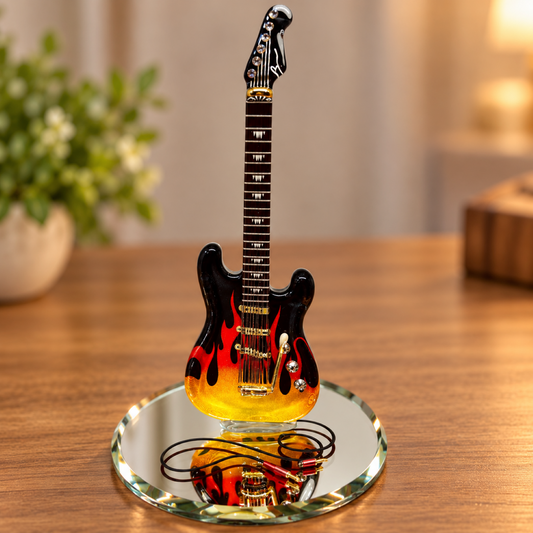 Handcrafted glass vintage guitar figurine with Genuine Crystal and Real 22Kt Gold accents on beveled glass mirror with guitar cord design