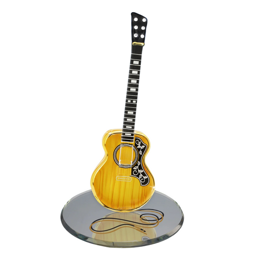 Handcrafted acoustic glass guitar figurine on beveled mirror base with crystal and 22Kt gold accents