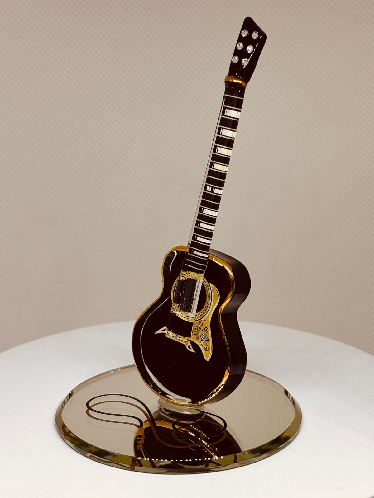 Acoustic Black Guitar Figurine Handcrafted Glass Music Decor Gift