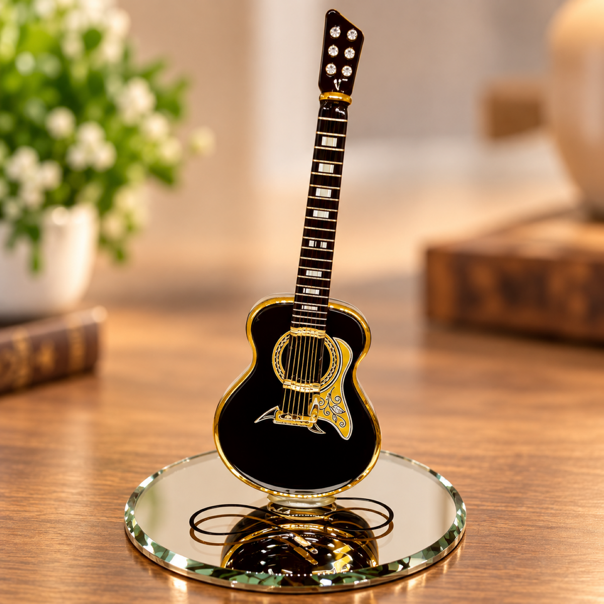 Handcrafted black glass acoustic guitar figurine with Genuine Crystals and Real 22Kt Gold on beveled glass mirror