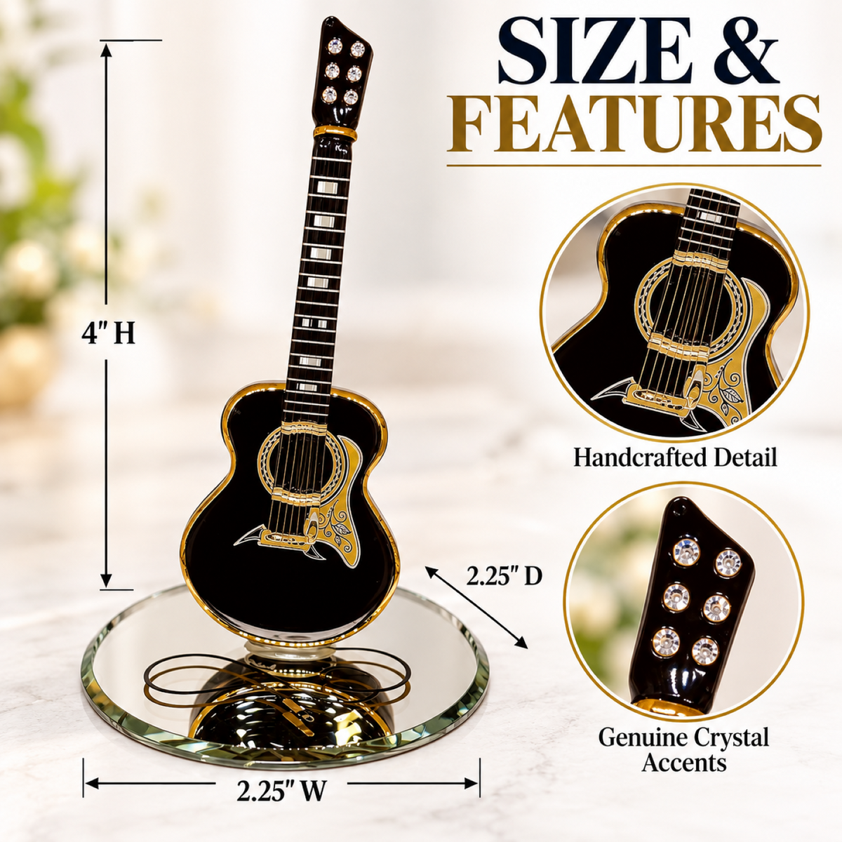 Glass Acoustic Guitar Figurine, Handcrafted Black Guitar Decor, Music Lover Gift