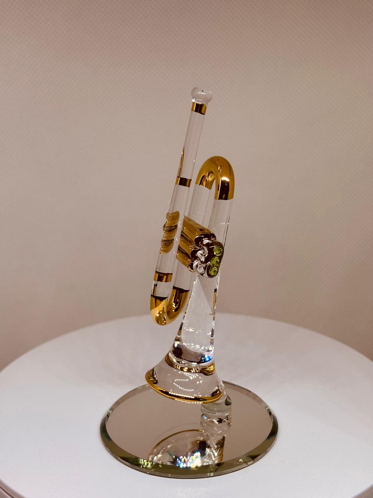 Trumpet Glass Figurine | Handcrafted Music Room Decor with 22Kt Gold Accents