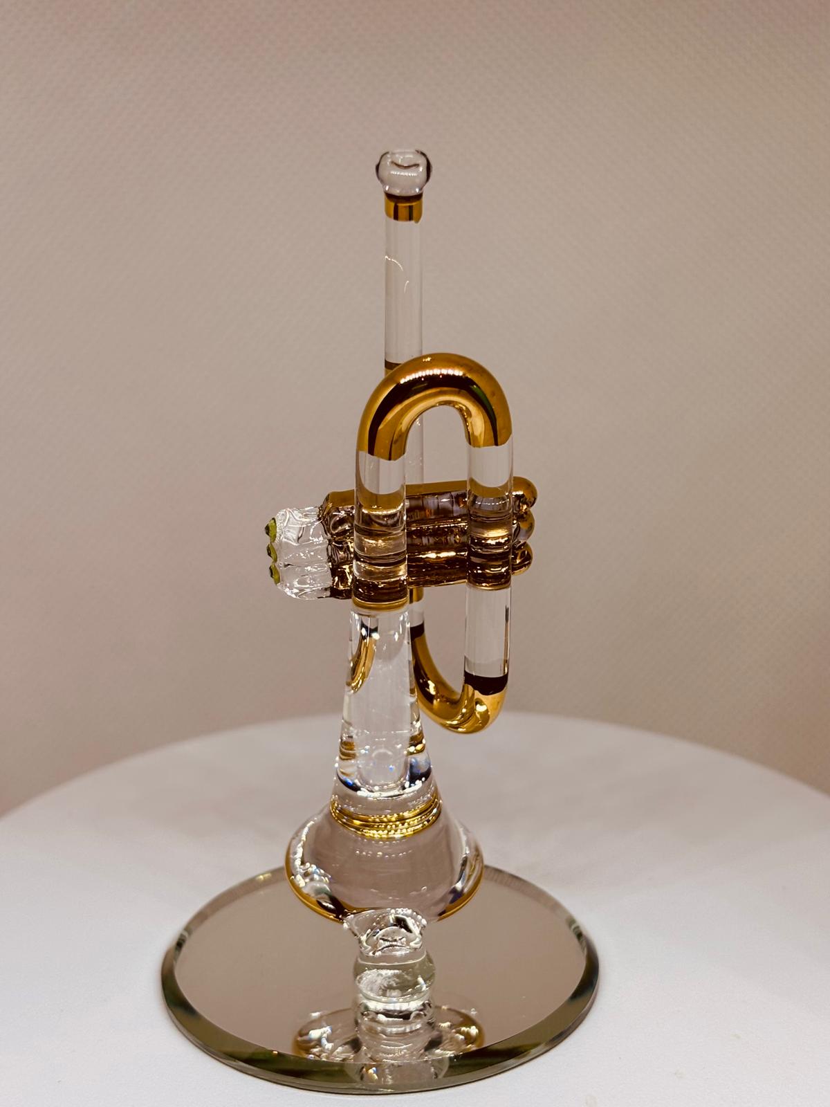 Trumpet Glass Figurine | Handcrafted Music Room Decor with 22Kt Gold Accents