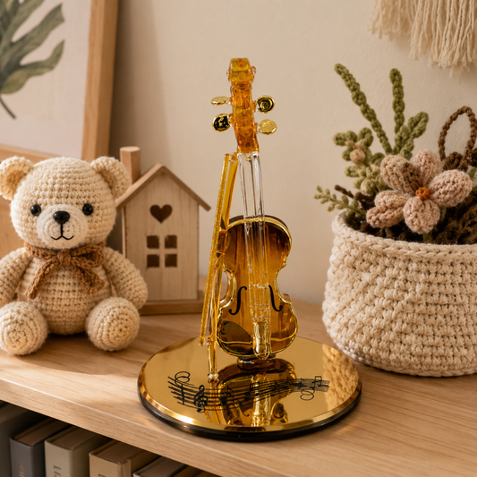 Handcrafted glass violin figurine with Real 22Kt Gold accents displayed on a beveled glass mirror with decorative music notes