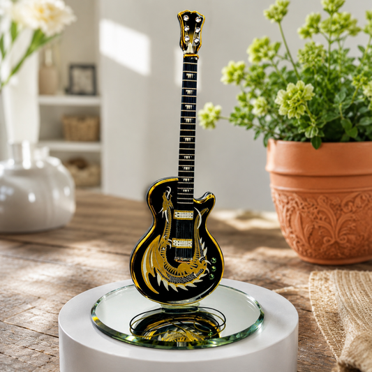 Handcrafted black glass dragon guitar figurine with Genuine Crystals, Real 22Kt Gold accents, and a beveled glass mirror base.