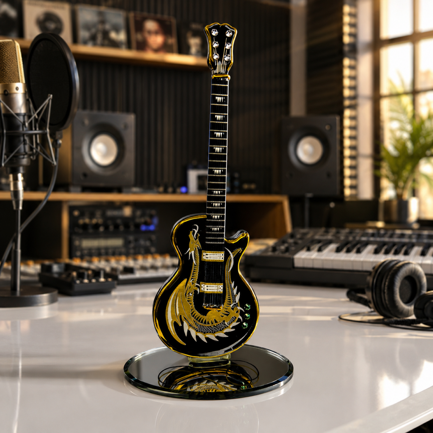 Dragon Guitar Figurine – Handcrafted Glass Guitar Collectible, Guitar Player Gift, Music Room Decor