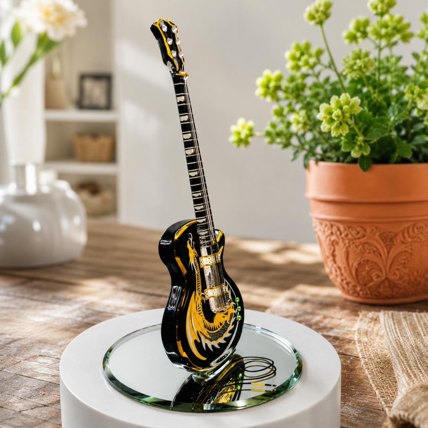 Dragon Guitar Figurine – Handcrafted Glass Guitar Collectible, Guitar Player Gift, Music Room Decor