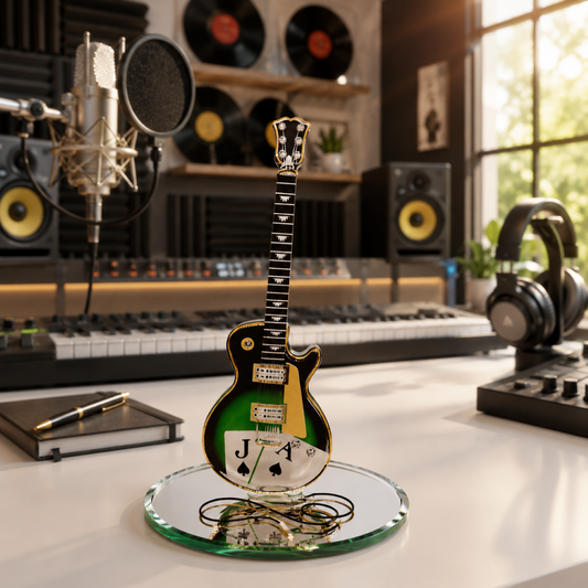 Handcrafted glass Black Jack guitar figurine with Genuine Crystals and Real 22Kt Gold displayed on a beveled mirror base.