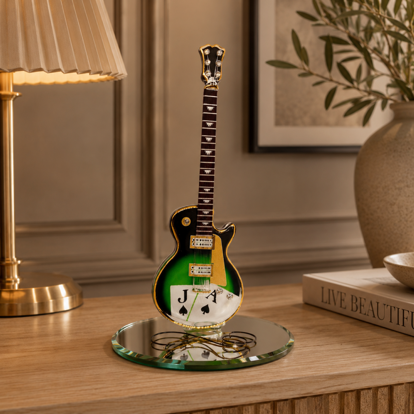 Handcrafted Glass Black Jack Guitar Figurine – Guitar Player Gift, Casino Decor, Music Collectible
