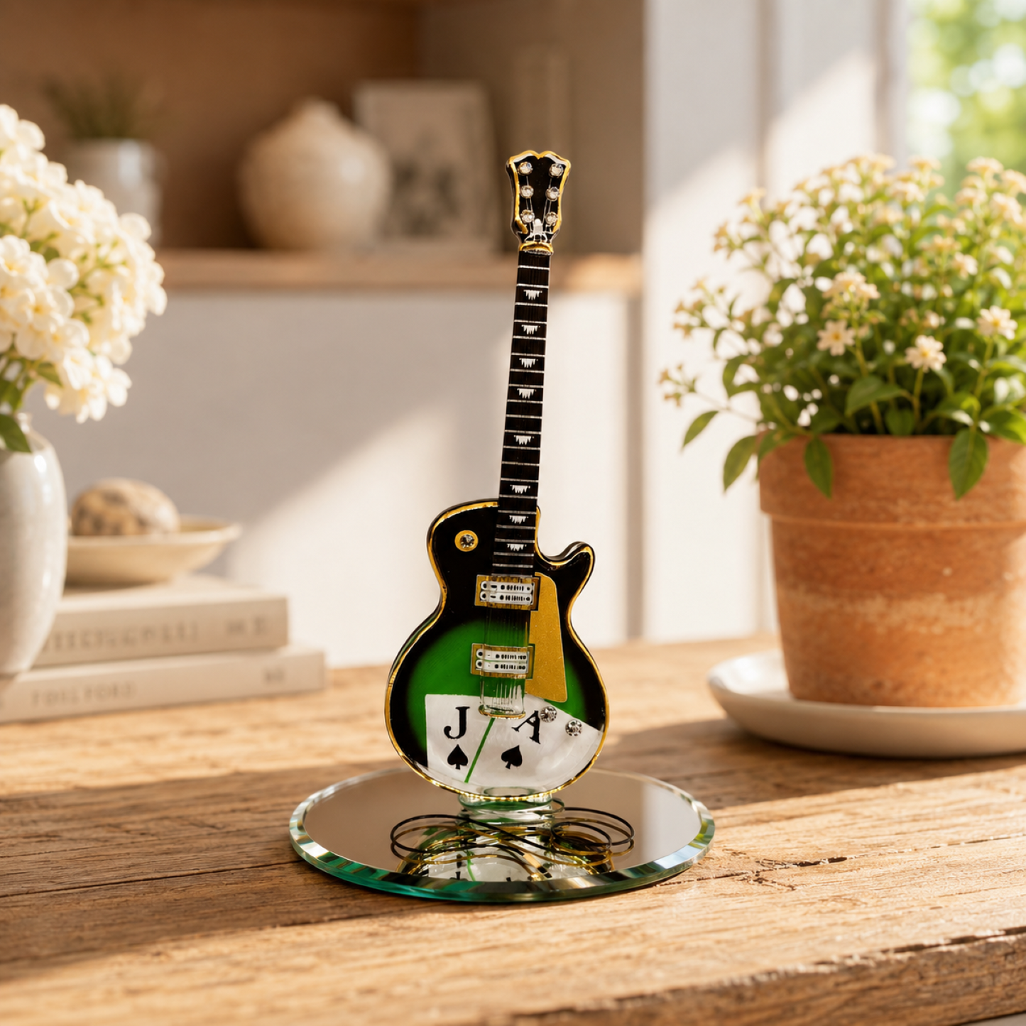 Handcrafted Glass Black Jack Guitar Figurine – Guitar Player Gift, Casino Decor, Music Collectible