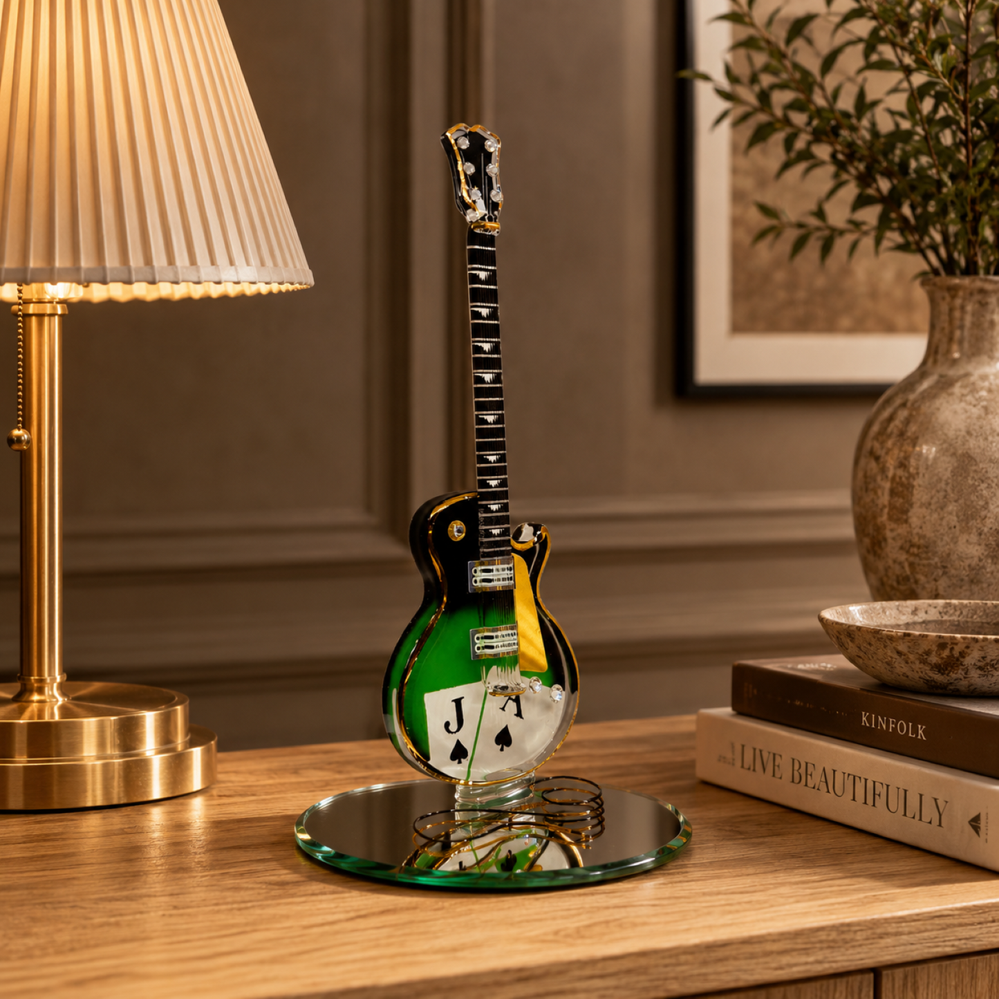 Handcrafted Glass Black Jack Guitar Figurine – Guitar Player Gift, Casino Decor, Music Collectible