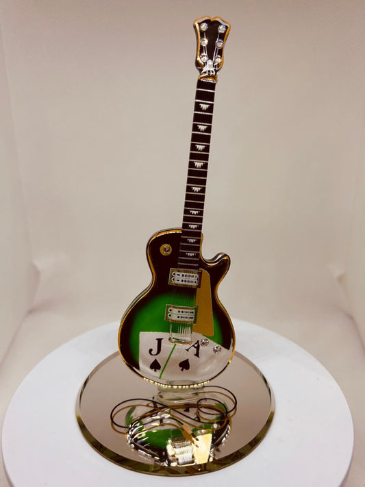 Handcrafted Black Jack guitar figurine with playing card details and crystal accents