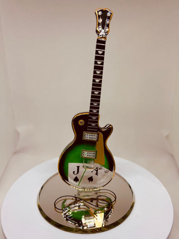 Handcrafted Black Jack guitar figurine with playing card details and crystal accents
