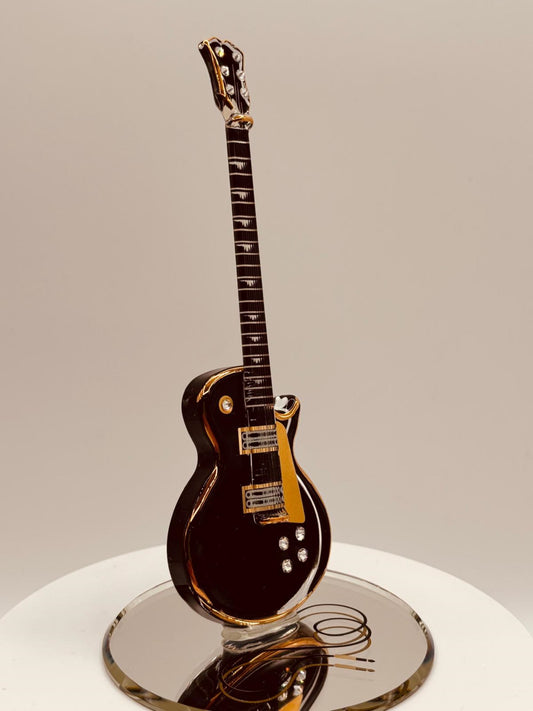 Classic Black Guitar Figurine Handcrafted Glass with Crystals & 22Kt Gold