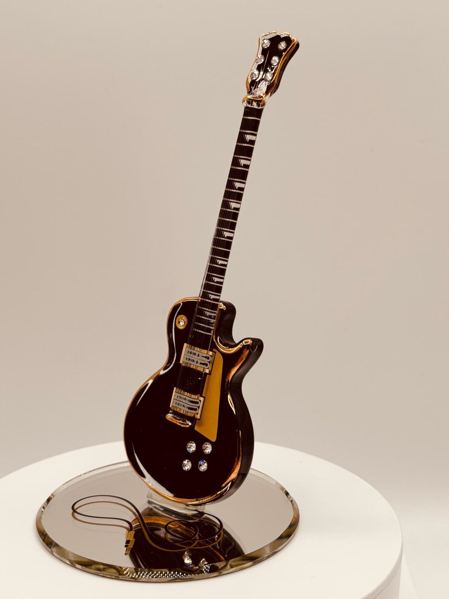 Classic Black Guitar Figurine Handcrafted Glass with Crystals & 22Kt Gold
