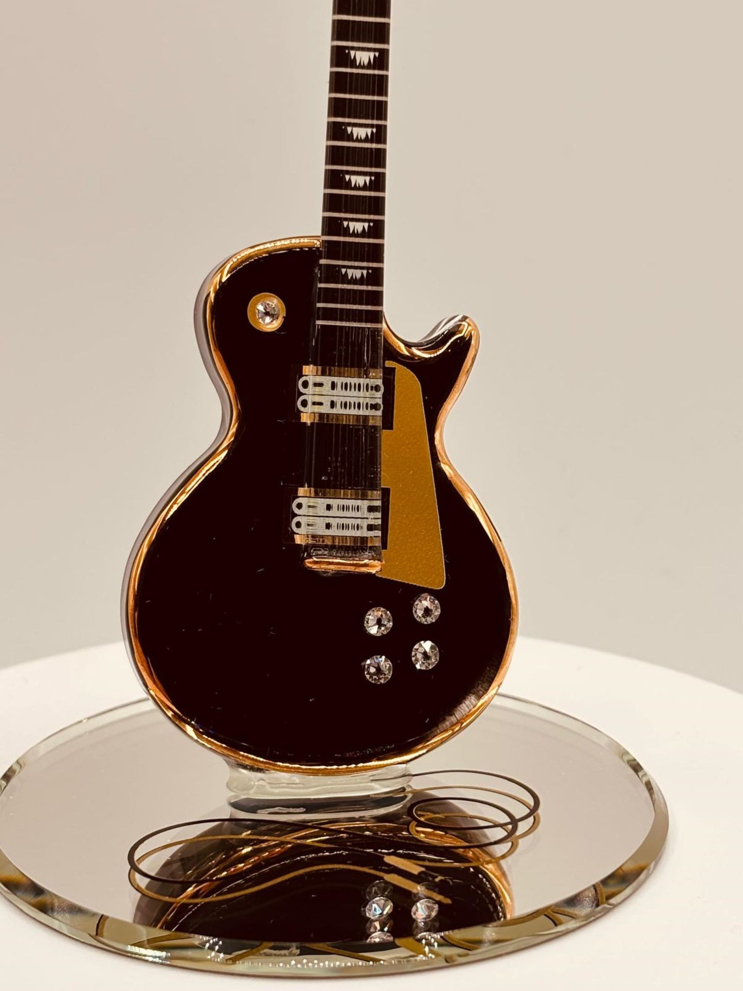 Classic Black Guitar Figurine Handcrafted Glass with Crystals & 22Kt Gold