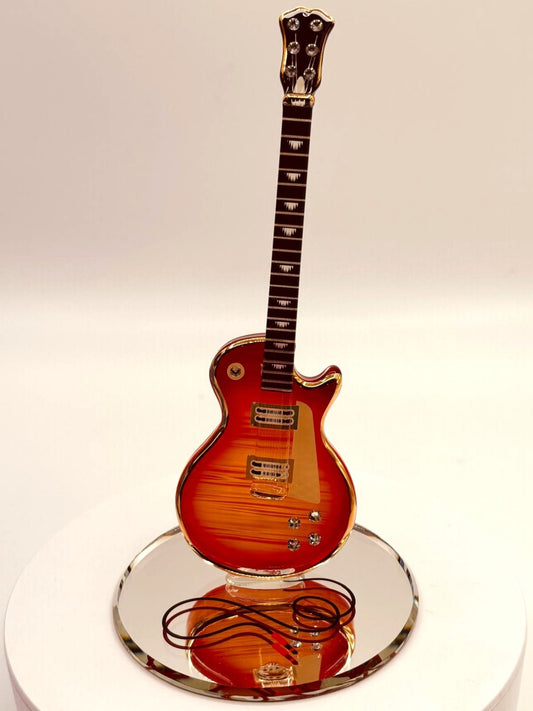 Handcrafted Classic Cherry Burst Guitar glass figurine on beveled mirror base with crystal and 22Kt gold accents