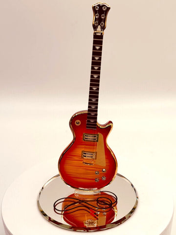 Handcrafted Classic Cherry Burst Guitar glass figurine on beveled mirror base with crystal and 22Kt gold accents
