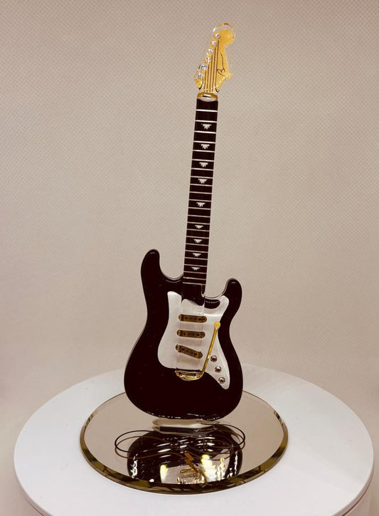 Handcrafted vintage black guitar figurine with crystal accents and gold