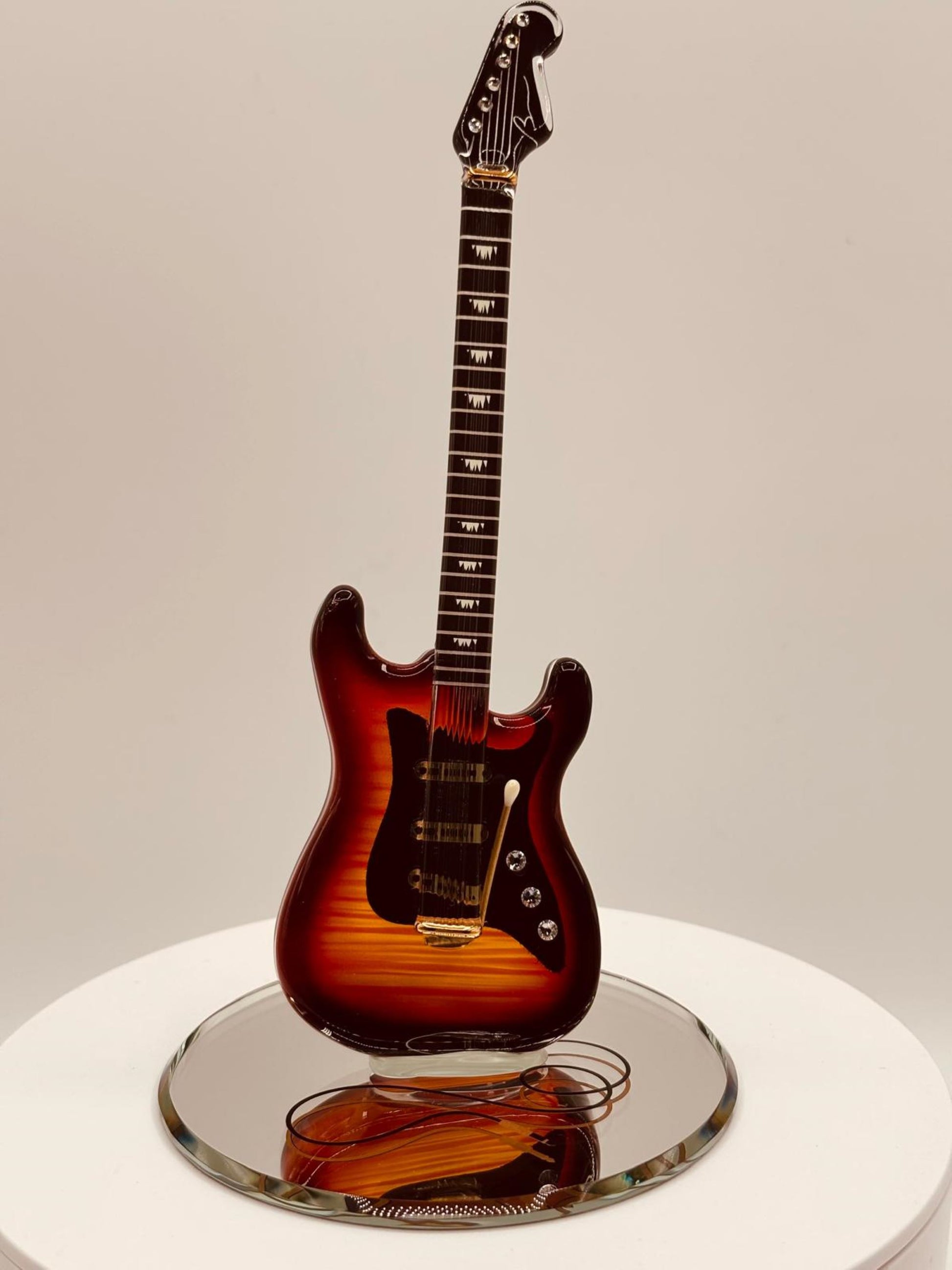 Handcrafted large Vintage Tobacco Guitar glass figurine on beveled mirror base with crystal and gold accents