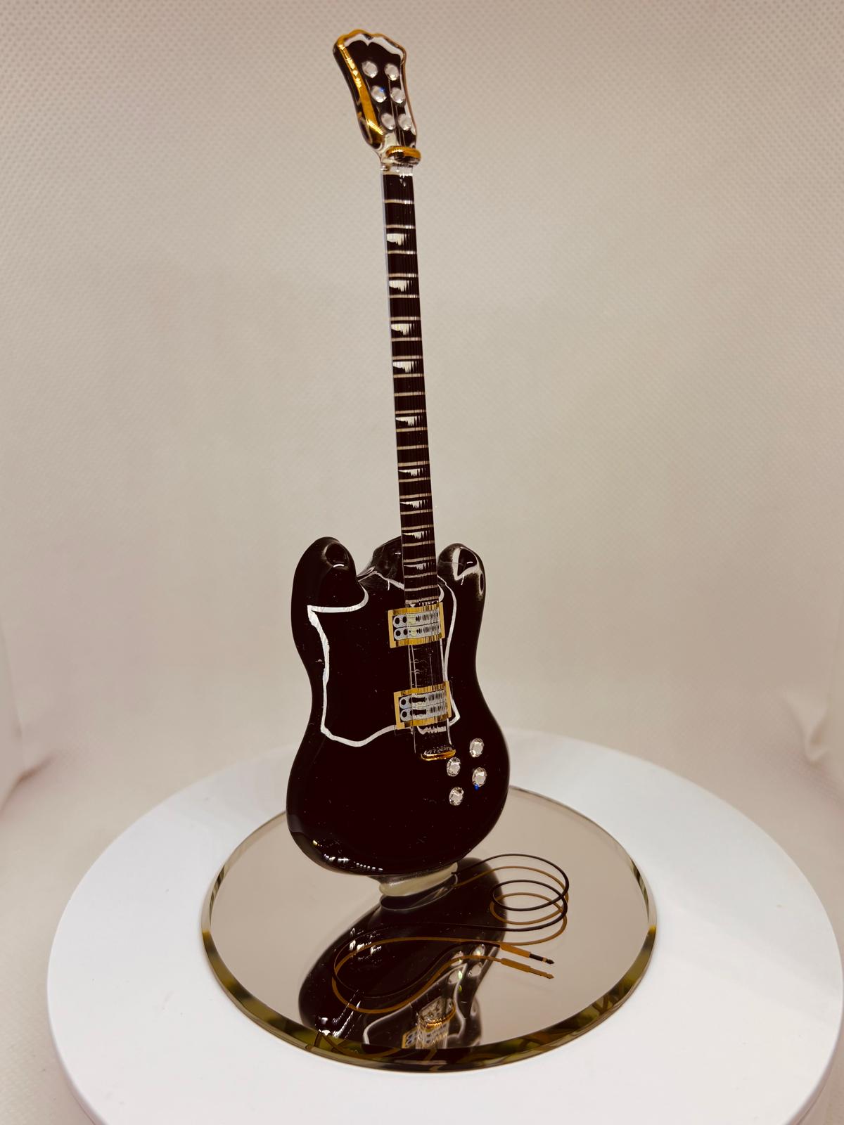 Black Guitar Figurine with Crystals Glass Music Decor for Guitar Lovers