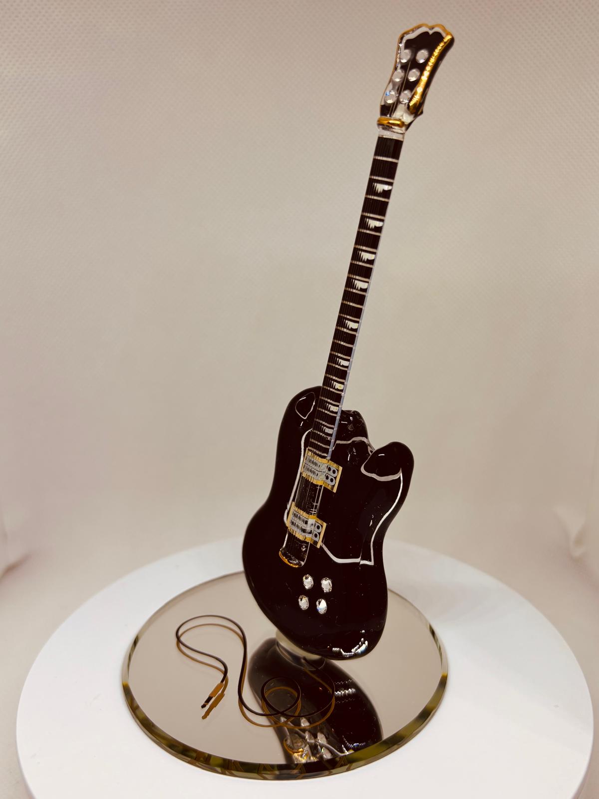 Black Guitar Figurine with Crystals Glass Music Decor for Guitar Lovers