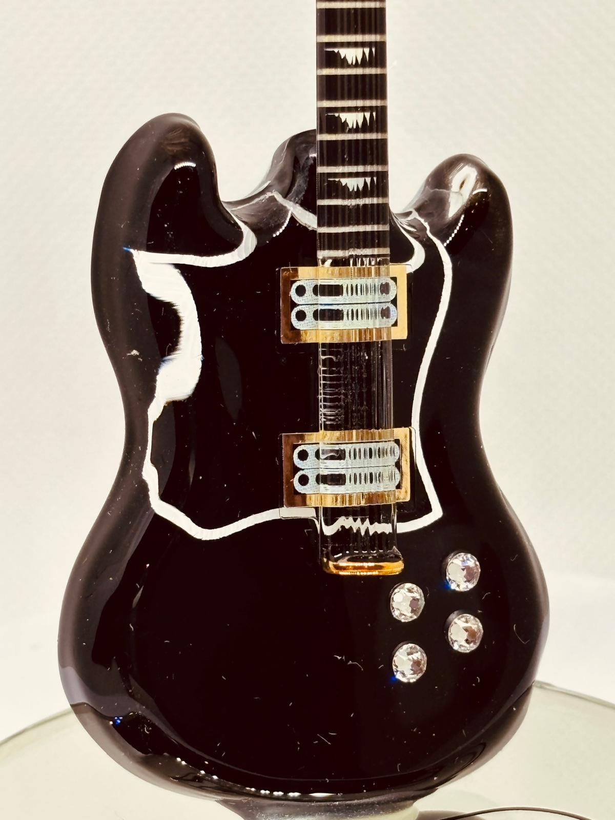 Black Guitar Figurine with Crystals Glass Music Decor for Guitar Lovers