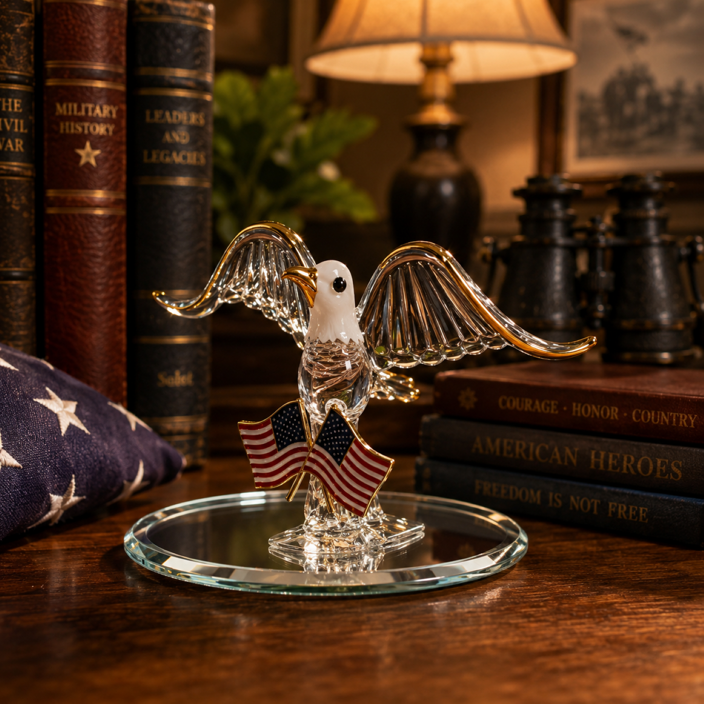 American Eagle Glass Figurine with USA Flag | Patriotic Decor Gift
