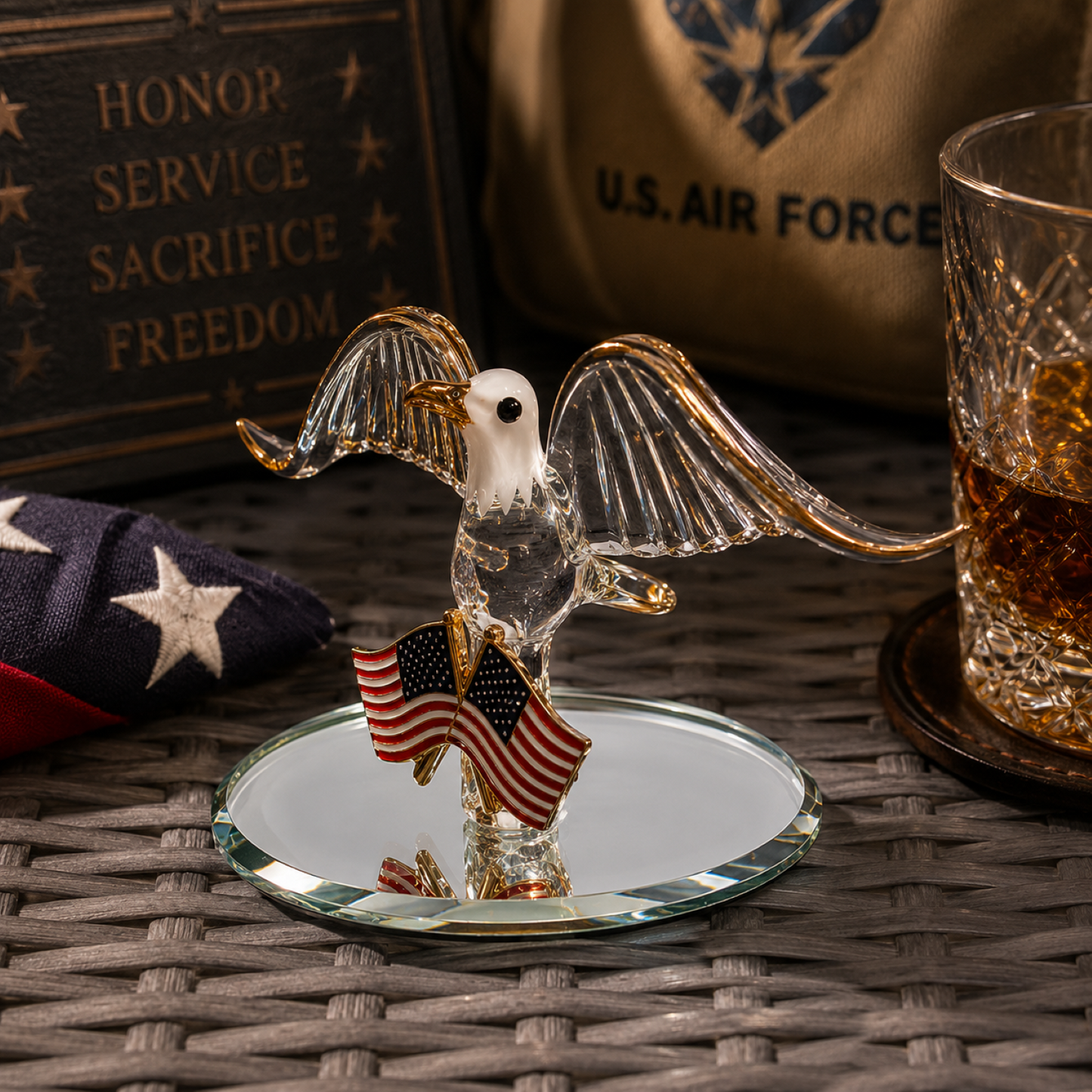 American Eagle Glass Figurine with USA Flag | Patriotic Decor Gift