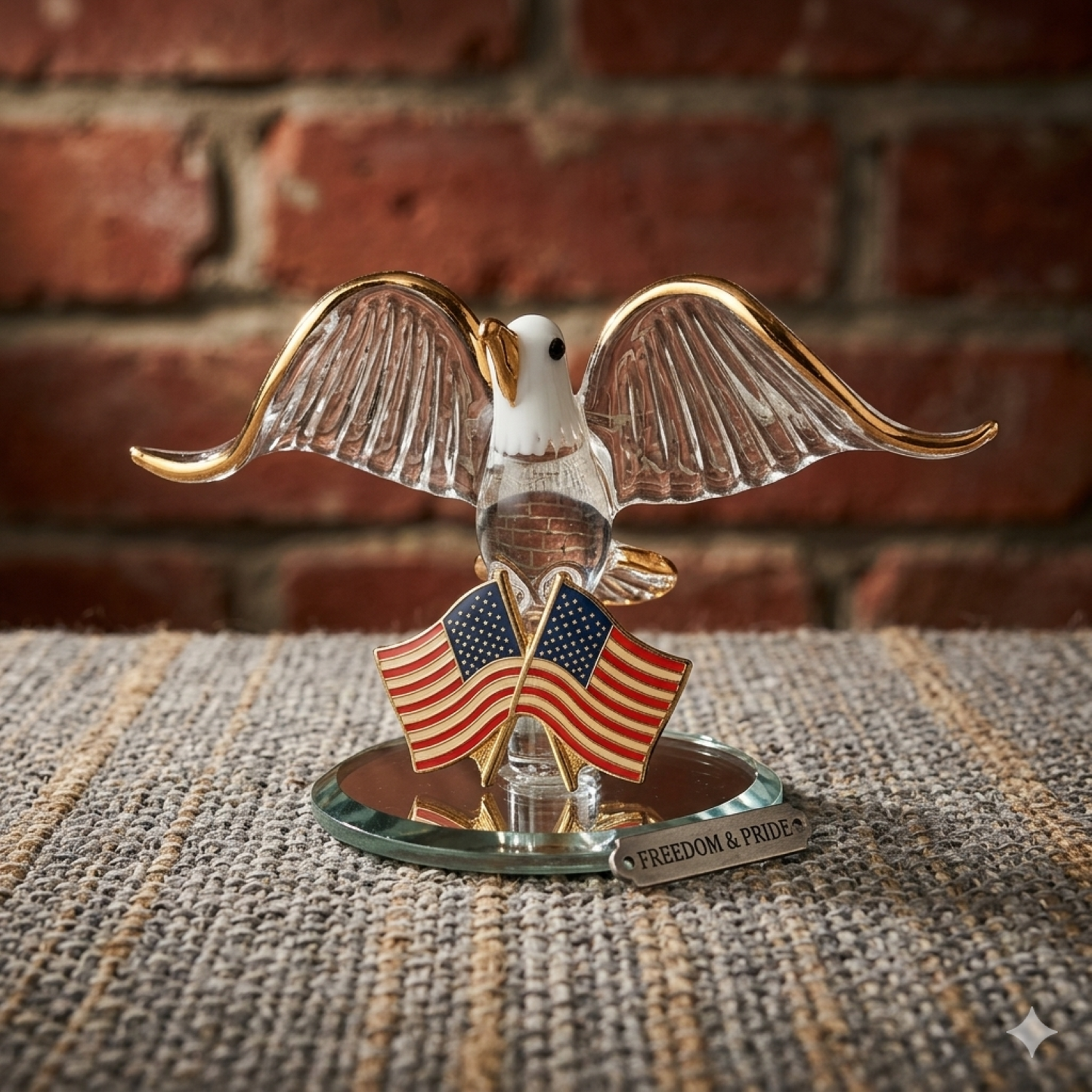 Handcrafted glass eagle figurine with American flag on mirrored patriotic display base