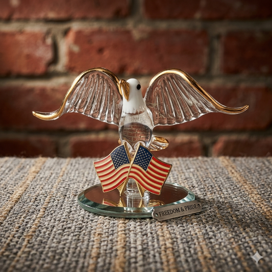 Handcrafted glass eagle figurine with American flag on mirrored patriotic display base