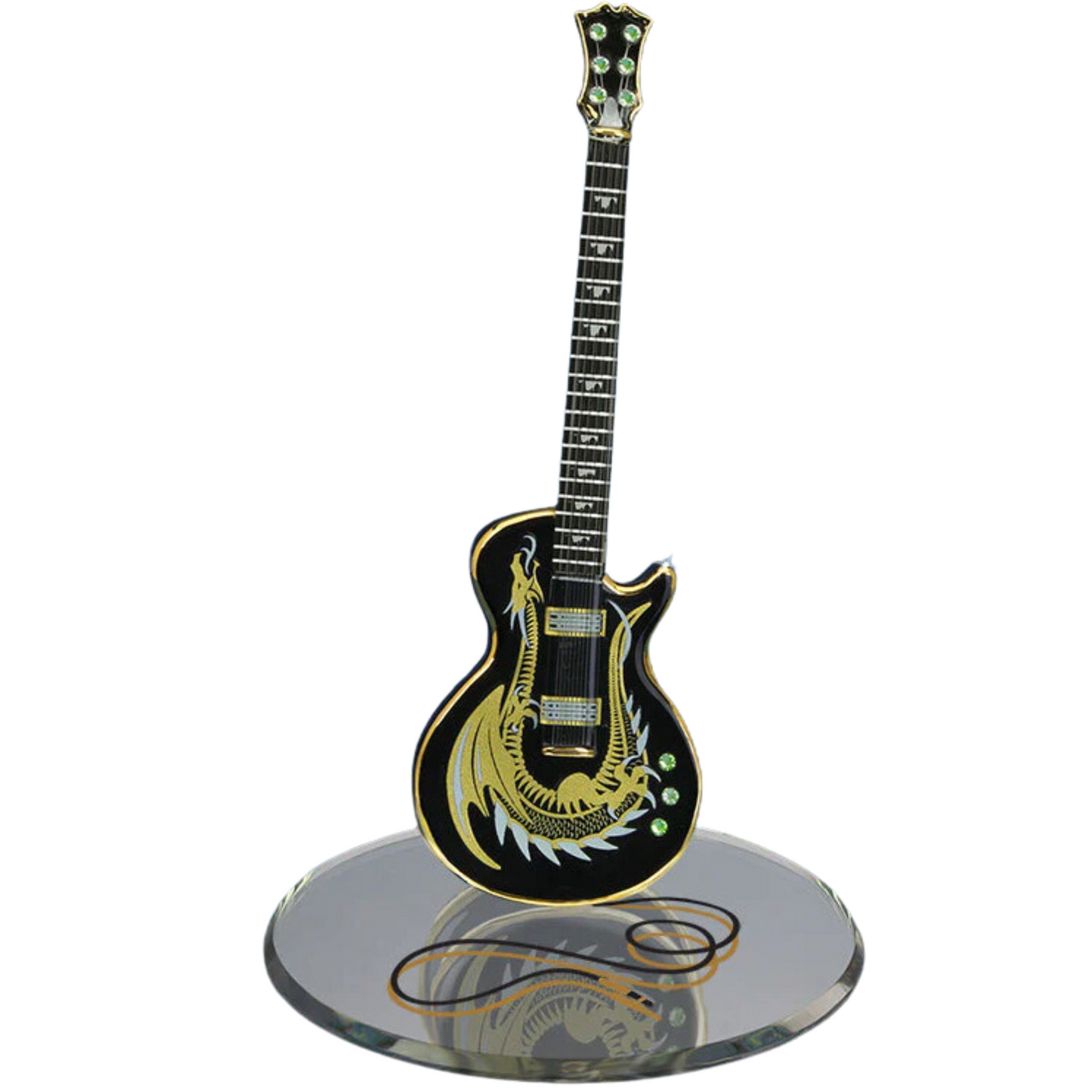 Handcrafted Dragon Guitar glass figurine with dragon detail on beveled mirror base