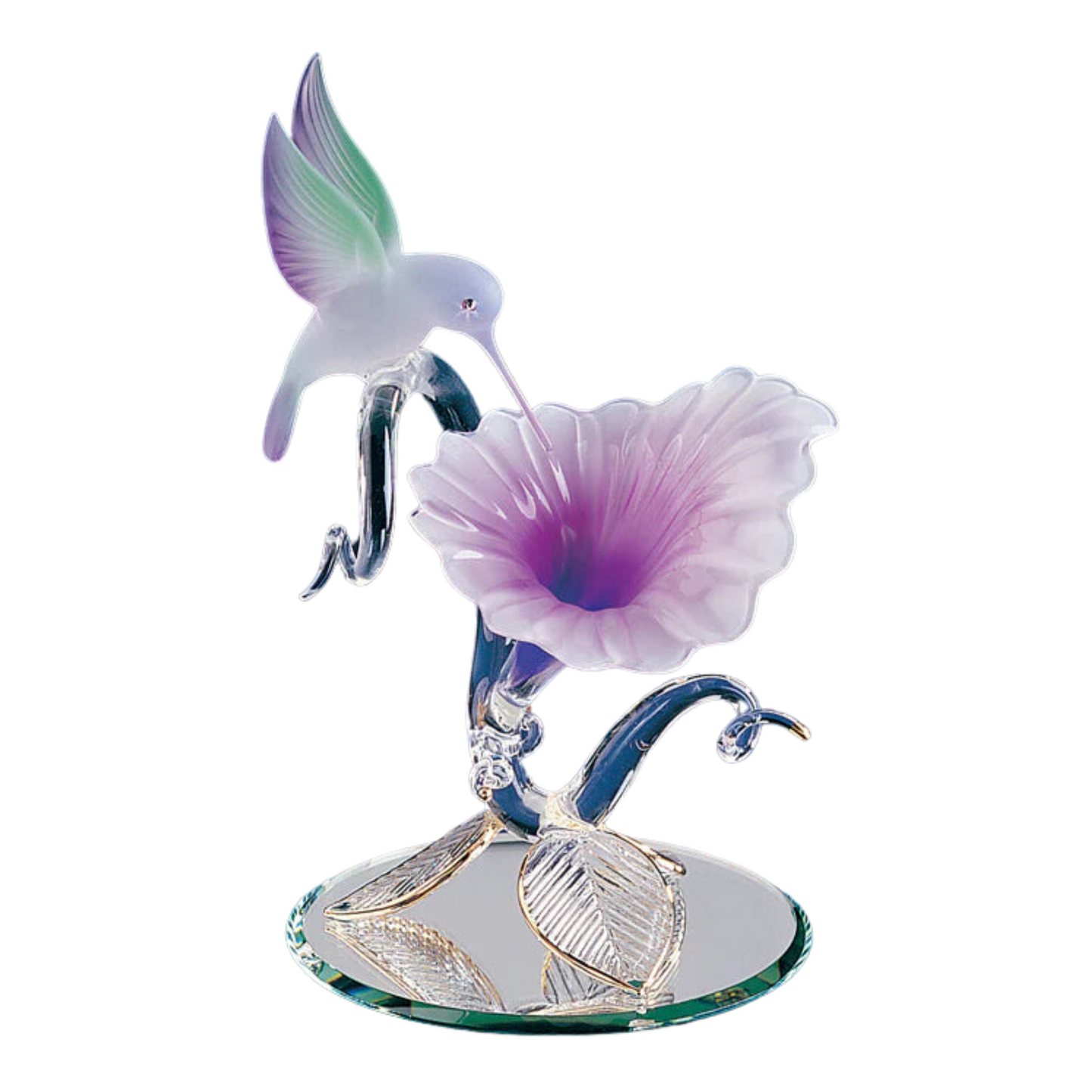 Hummingbird with fuchsia flower glass figurine on mirror base