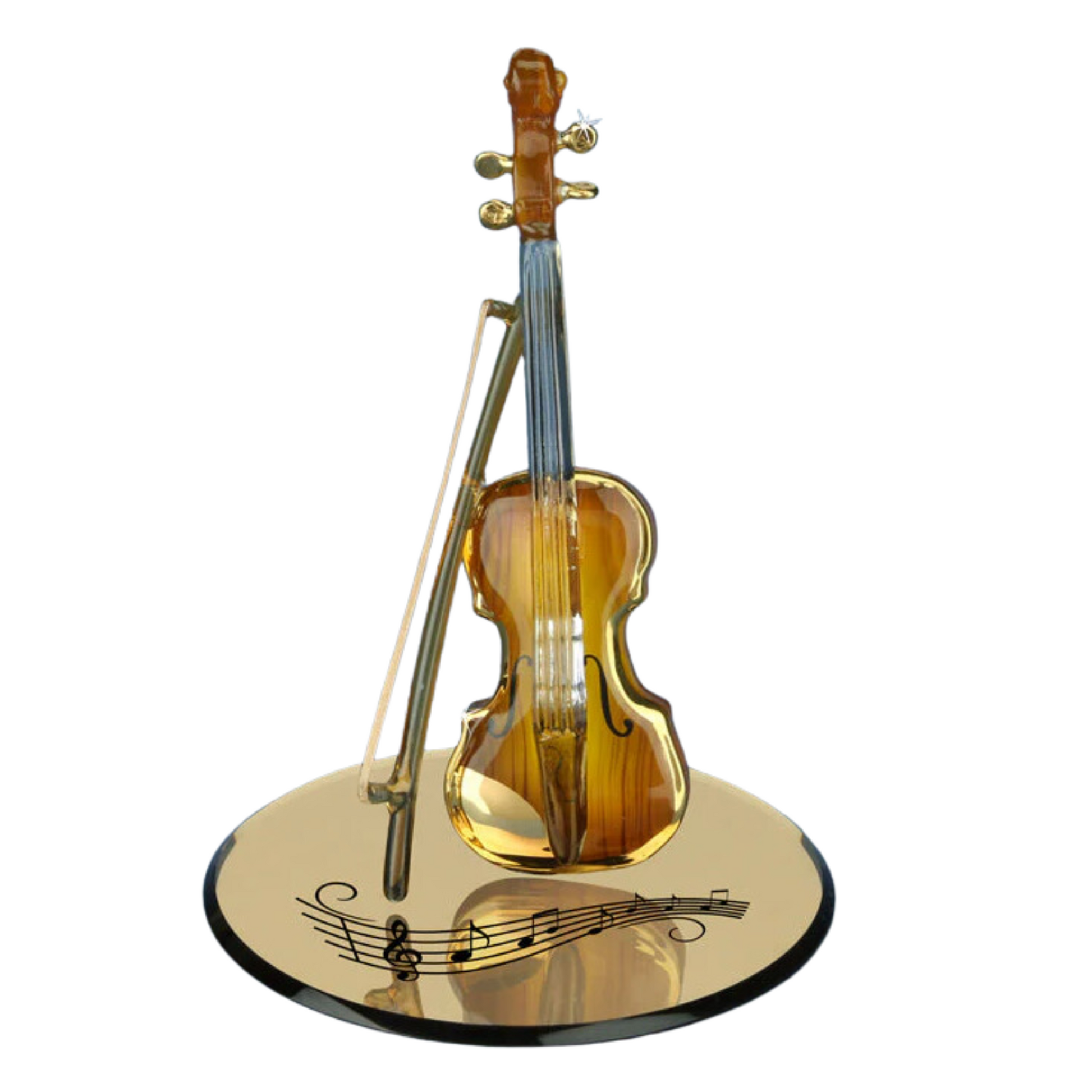 Handcrafted glass violin figurine on mirror base with music notes design