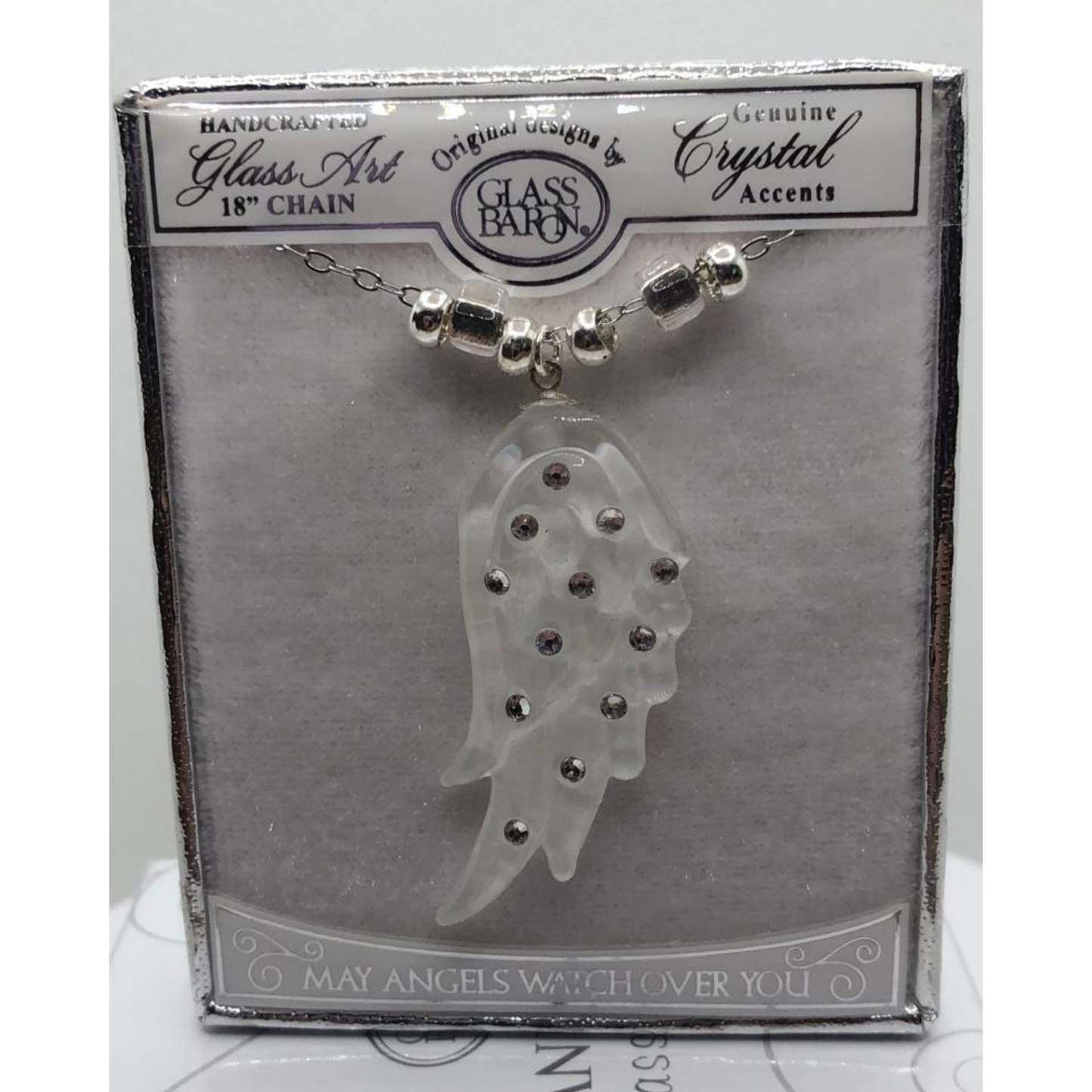 Silver Angel Wing Necklace with Crystals on 18" Chain
