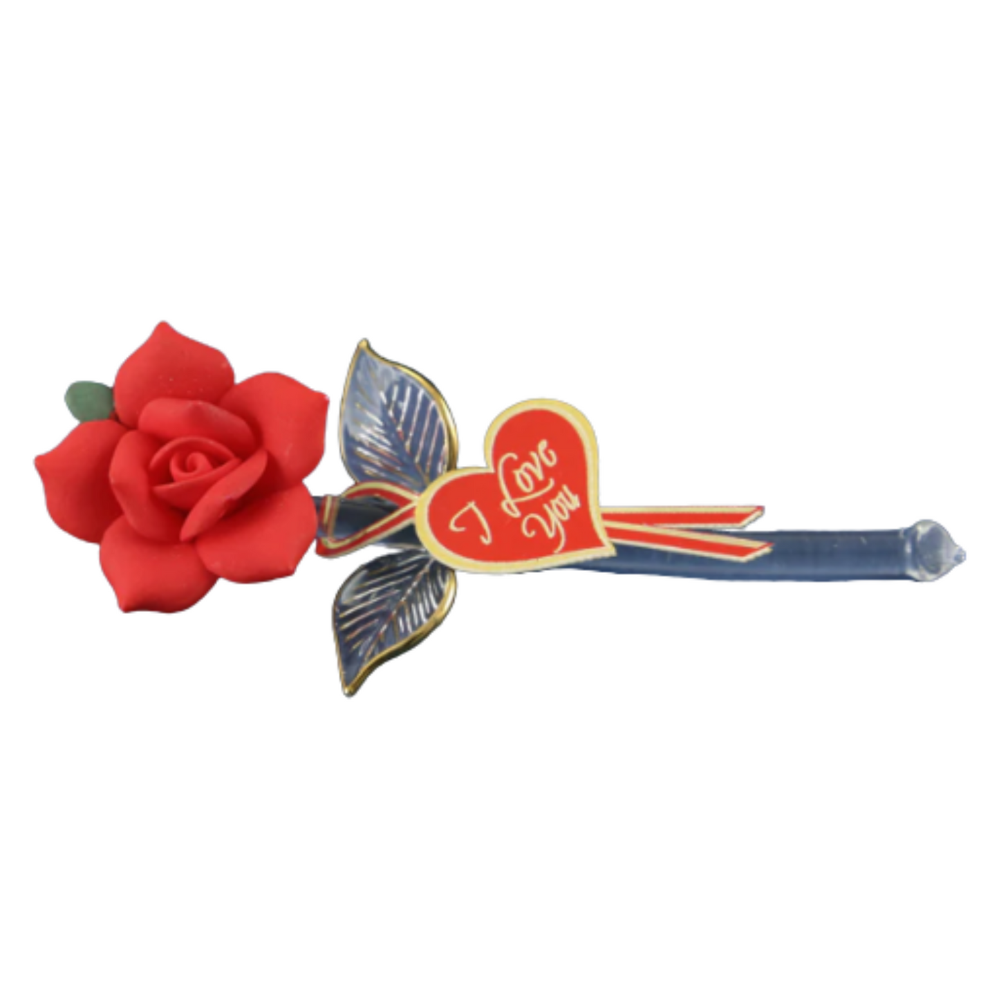 Handcrafted red rose glass figurine with I Love You heart message and gold trim detail