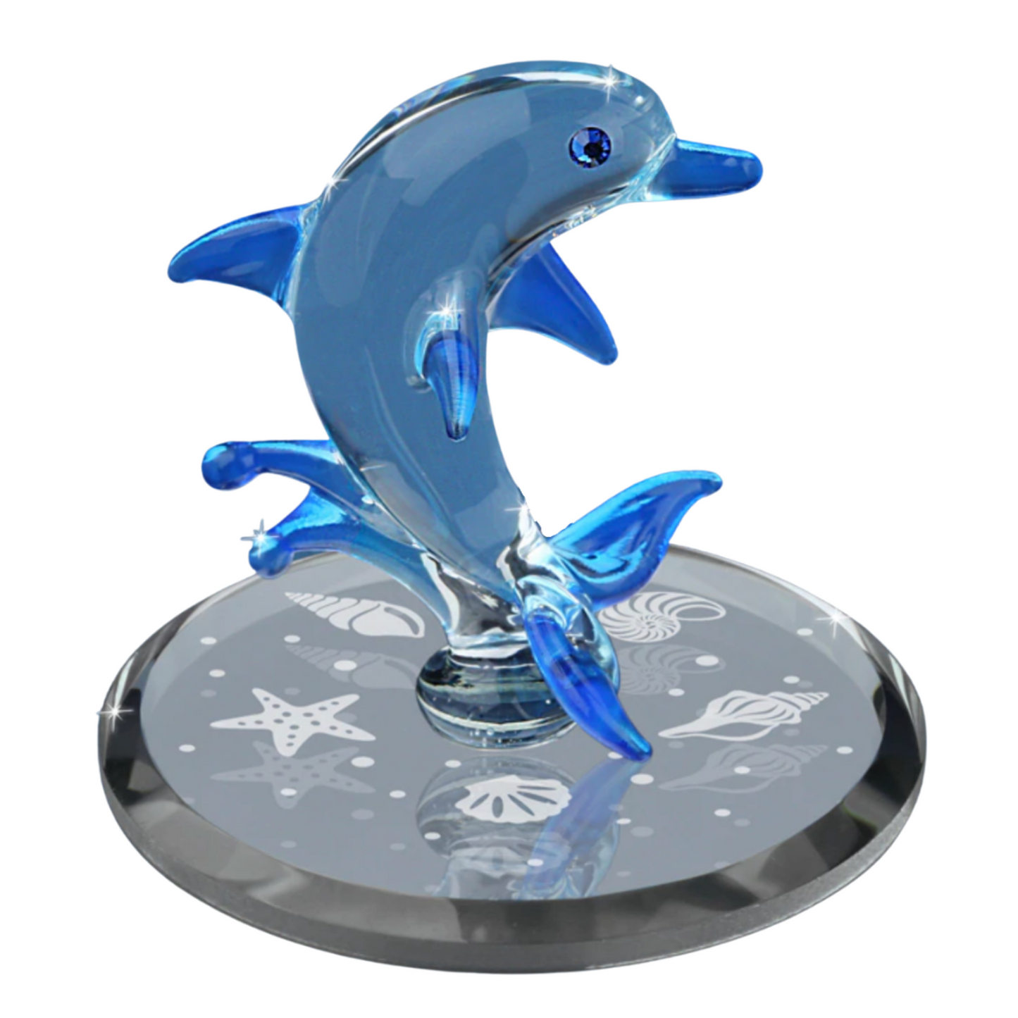 Glass dolphin figurine with blue accents on round mirror base