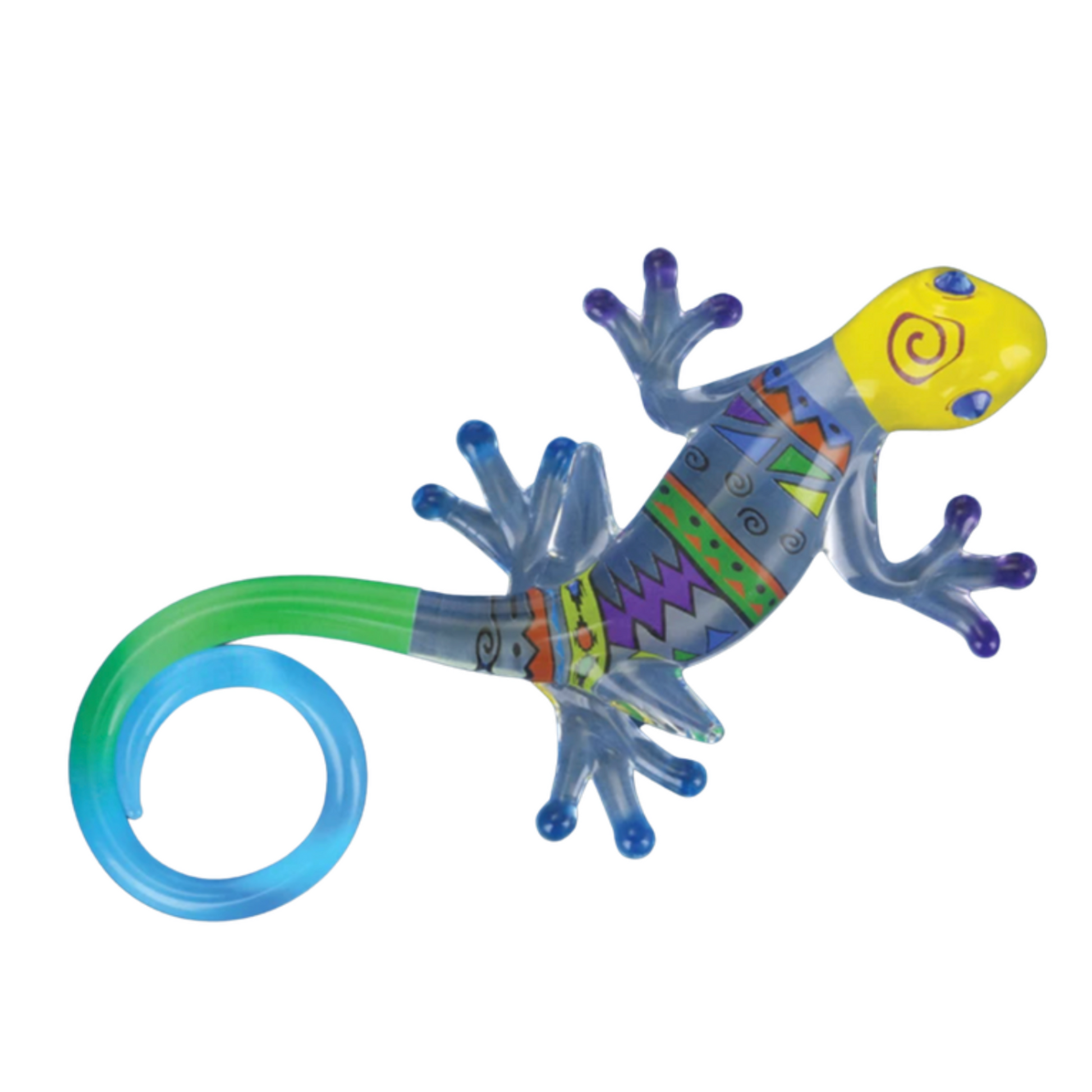Southwest glass gecko figurine with colorful geometric pattern and curled tail