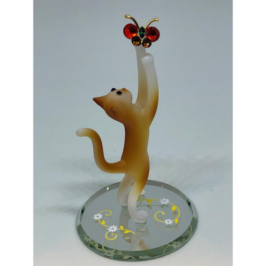 Tabby Cat with Butterfly Handcrafted Glass Figurine with Crystals